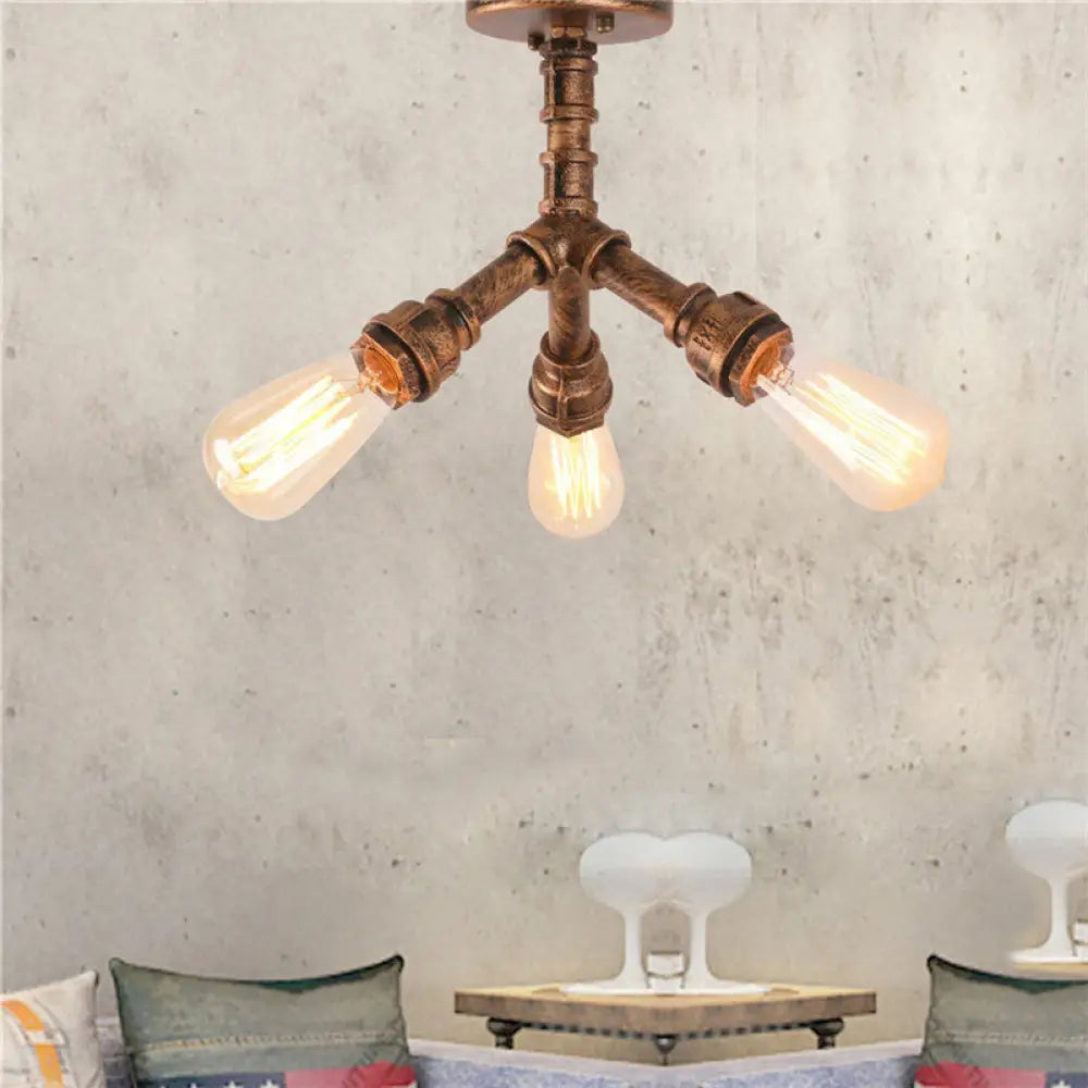 Steampunk 3 - Light Semi Flush Ceiling Fixture With Metallic Pipe Shade In Aged Bronze For Living