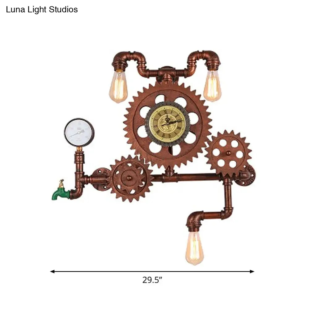 Steampunk 3-Light Wall Mount With Iron Copper Finish And Plumbing Pipe Gear Unique Lighting Idea