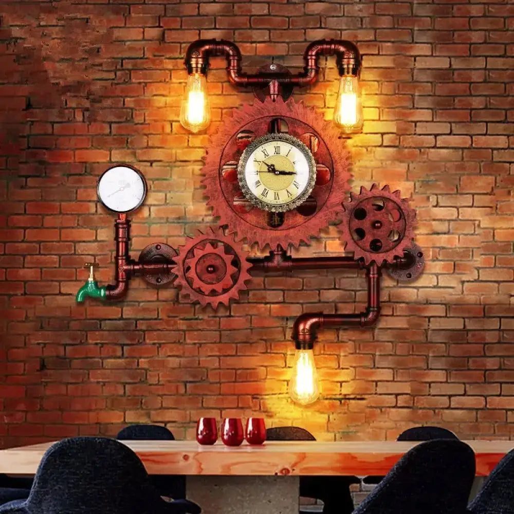 Steampunk 3-Light Wall Mount With Iron Copper Finish And Plumbing Pipe Gear Unique Lighting Idea