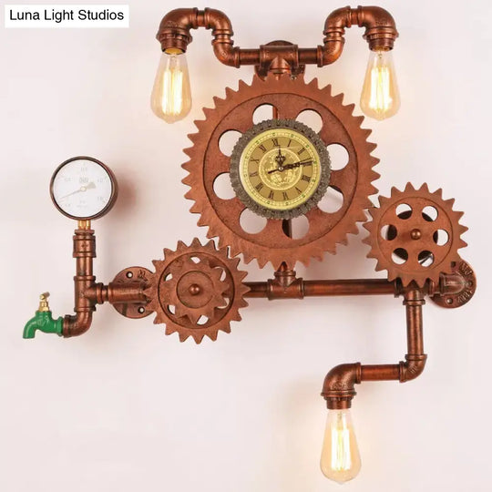 Steampunk 3-Light Wall Mount With Iron Copper Finish And Plumbing Pipe Gear Unique Lighting Idea