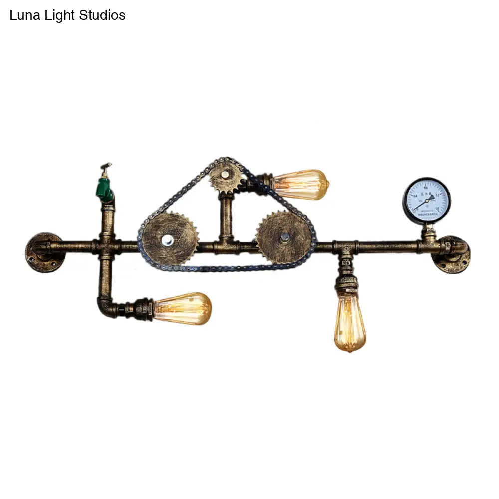 Steampunk Bicycle Wall Mount Light With Pipe Design - 3-Light Wrought Iron Lamp In Antique Brass