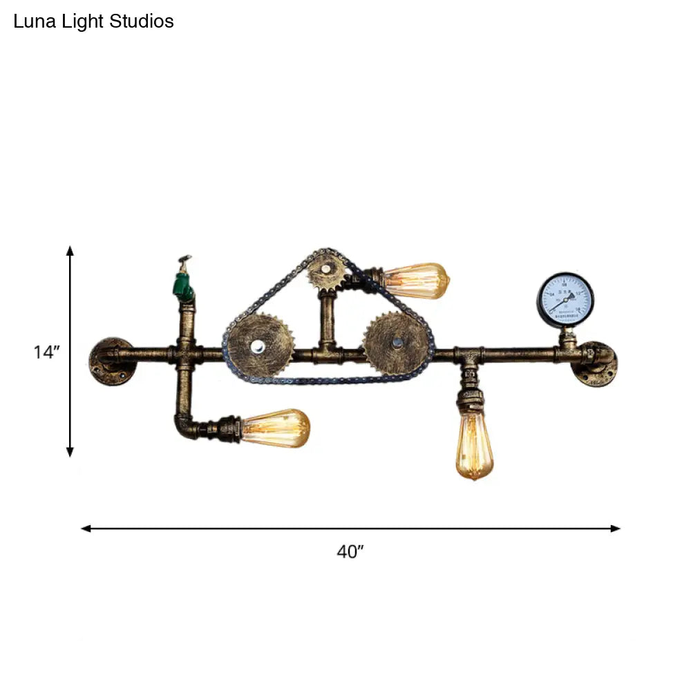 Steampunk Bicycle Wall Mount Light With Pipe Design - 3-Light Wrought Iron Lamp In Antique Brass