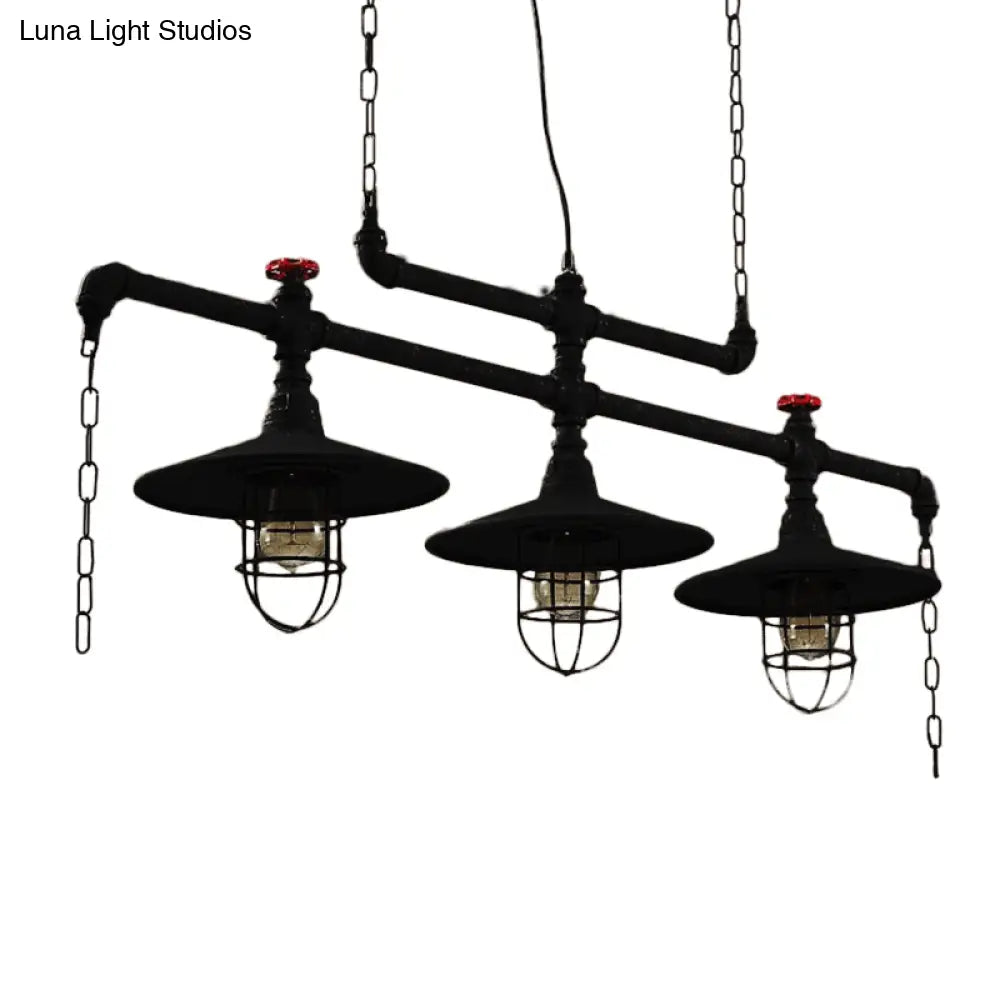 Steampunk Black Iron Hanging Light With Cage And Chain - 2/3 Heads Saucer Island Fixture