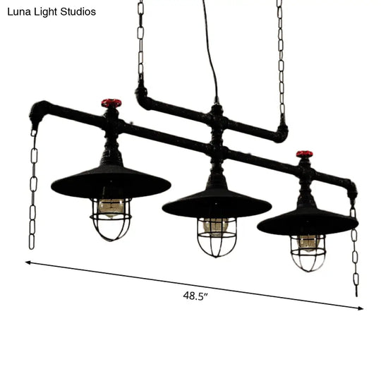 Steampunk Black Iron Hanging Light With Cage And Chain - 2/3 Heads Saucer Island Fixture