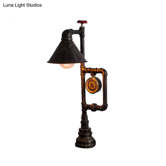 Steampunk Brass Finish Table Light With Clock Deco Wrought Iron Stand And Conical Bulb