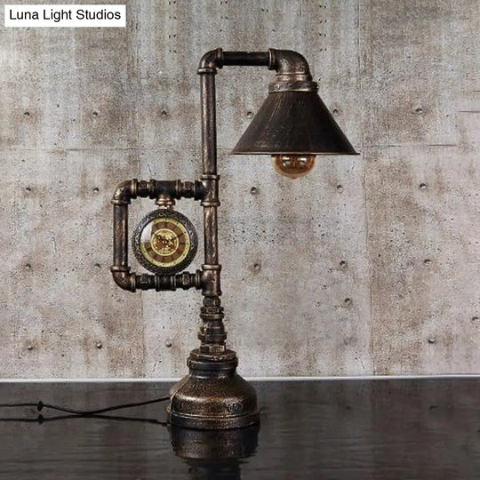 Steampunk Brass Finish Table Light With Clock Deco Wrought Iron Stand And Conical Bulb