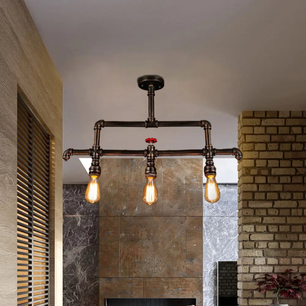 Steampunk Bronze 3-Light Linear Pendant With Pipe And Valve Decoration For Island Lighting