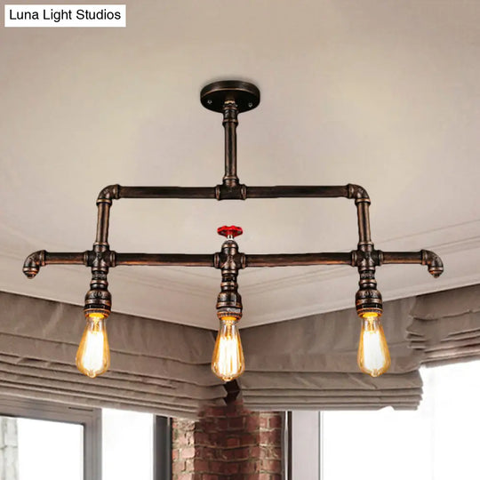 Steampunk Bronze 3-Light Linear Pendant With Pipe And Valve Decoration For Island Lighting