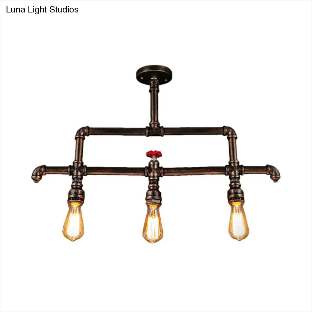 Steampunk Bronze 3-Light Linear Pendant With Pipe And Valve Decoration For Island Lighting