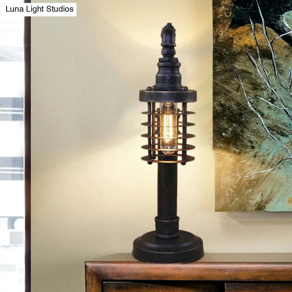 Steampunk Bronze Finish Table Lamp - Wrought Iron Cylinder/Bulb Shade Standing 1 Head