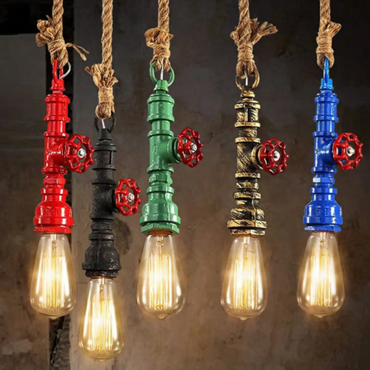 Steampunk Caged Pendant Light 1 Head - Hanging Ceiling Lamp With Rope Cord And Water Pipe Design In