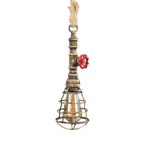 Steampunk Caged Pendant Light 1 Head - Hanging Ceiling Lamp With Rope Cord And Water Pipe Design In