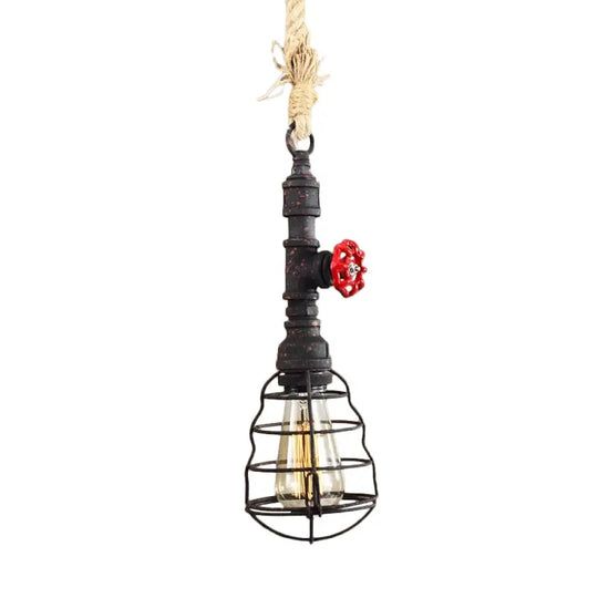 Steampunk Caged Pendant Light 1 Head - Hanging Ceiling Lamp With Rope Cord And Water Pipe Design In