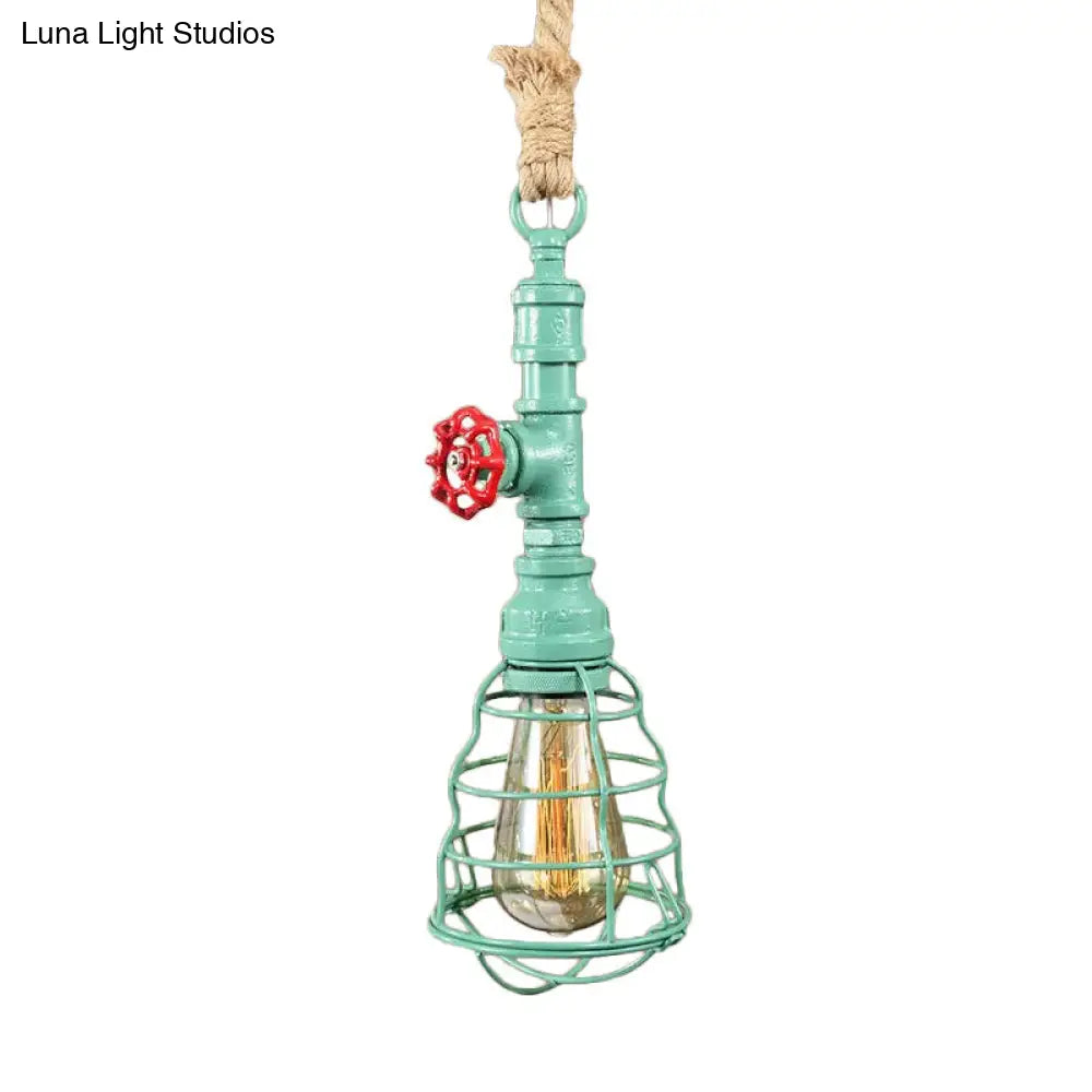 Steampunk Caged Pendant Light With Rope Cord And Water Pipe Design In Blue/Rust/Bronze Green