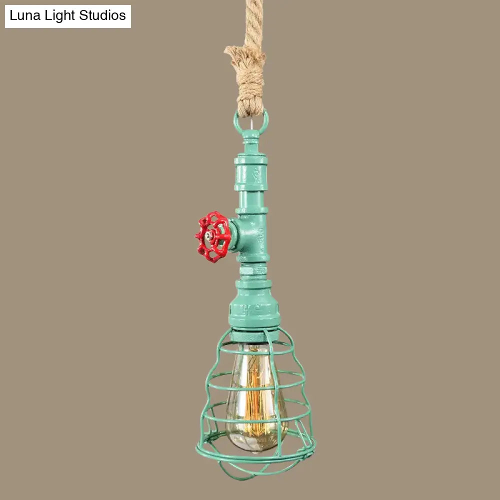 Steampunk Caged Pendant Light 1 Head - Hanging Ceiling Lamp With Rope Cord And Water Pipe Design In
