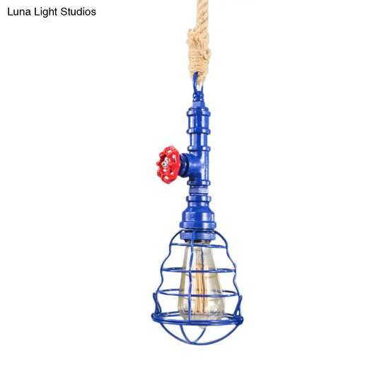 Steampunk Caged Pendant Light 1 Head - Hanging Ceiling Lamp With Rope Cord And Water Pipe Design In