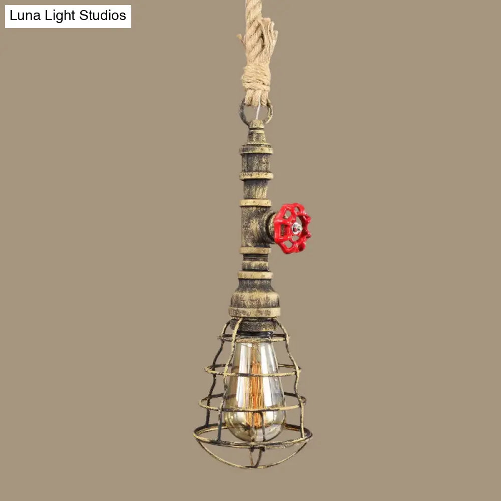 Steampunk Caged Pendant Light 1 Head - Hanging Ceiling Lamp With Rope Cord And Water Pipe Design In