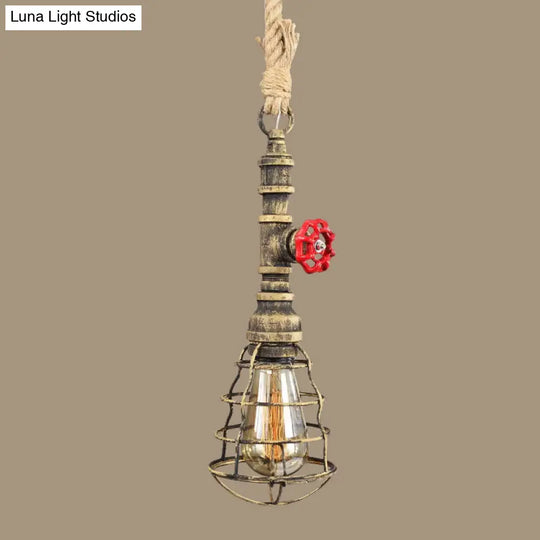 Steampunk Caged Pendant Light 1 Head - Hanging Ceiling Lamp With Rope Cord And Water Pipe Design In