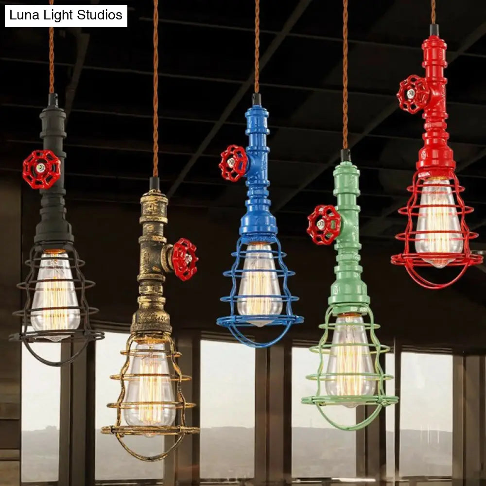 Steampunk Caged Pendant Light 1 Head - Hanging Ceiling Lamp With Rope Cord And Water Pipe Design In