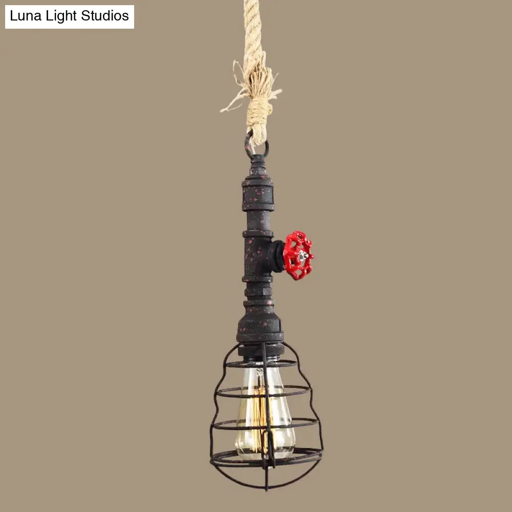 Steampunk Caged Pendant Light With Rope Cord And Water Pipe Design In Blue/Rust/Bronze