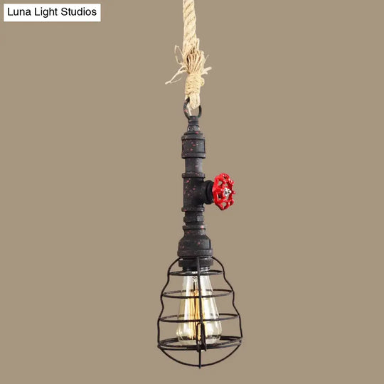 Steampunk Caged Pendant Light 1 Head - Hanging Ceiling Lamp With Rope Cord And Water Pipe Design In