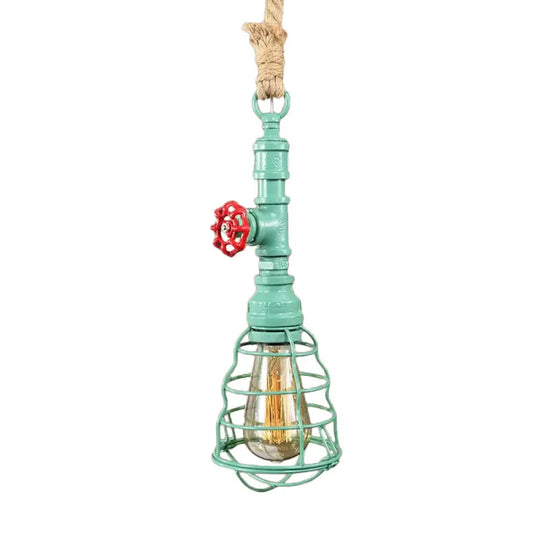 Steampunk Caged Pendant Light 1 Head - Hanging Ceiling Lamp With Rope Cord And Water Pipe Design In