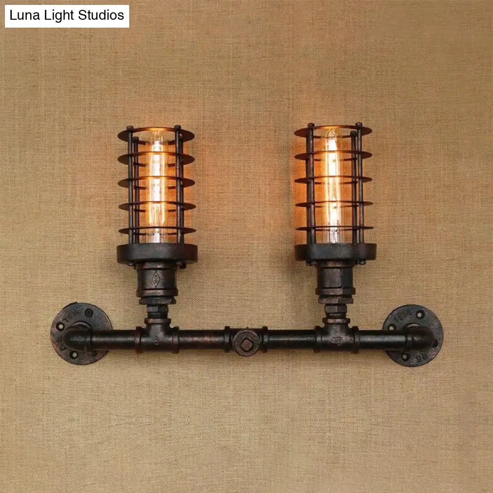 Steampunk Cylinder Wall Lamp With Wire Frame - 2 Head Iron Sconce Lighting In Aged Bronze For Living