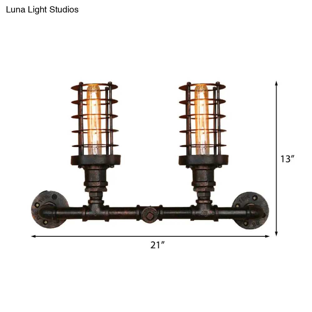 Steampunk Cylinder Wall Lamp With Wire Frame - 2 Head Iron Sconce Lighting In Aged Bronze For Living