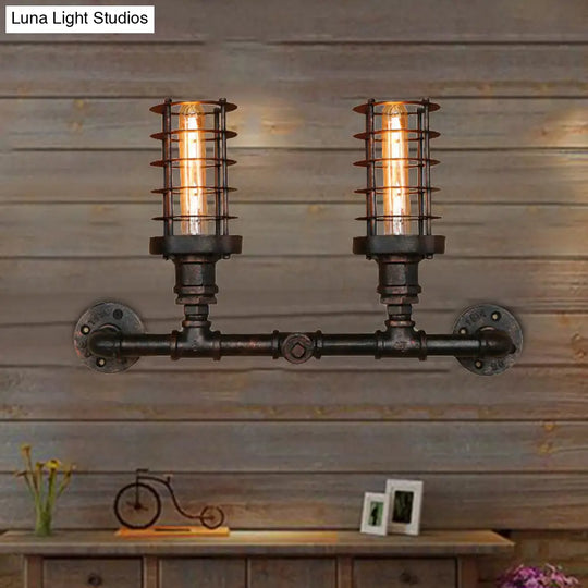 Steampunk Cylinder Wall Lamp With Wire Frame - 2 Head Iron Sconce Lighting In Aged Bronze For Living