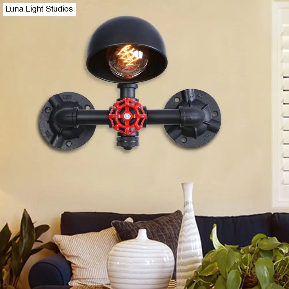 Steampunk Domed Wall Lamp: Valve Wheel Fixture Metallic 1 Head Black - Perfect For Living Room