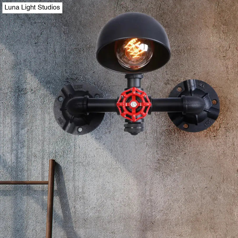 Steampunk Domed Wall Lamp: Valve Wheel Fixture Metallic 1 Head Black - Perfect For Living Room