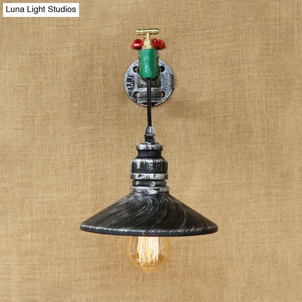 Steampunk Faucet Wall Light With Conic Shade - Aged Silver Finish