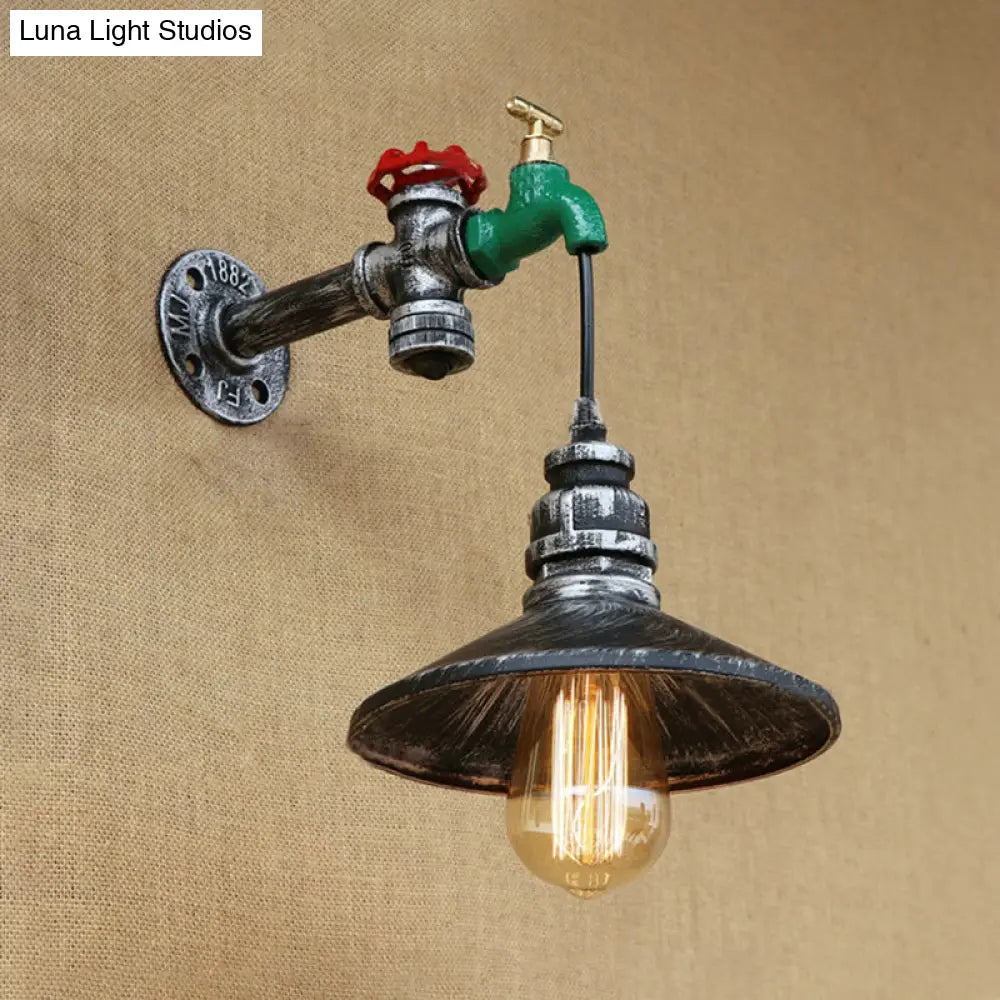 Steampunk Faucet Wall Light With Conic Shade - Aged Silver Finish