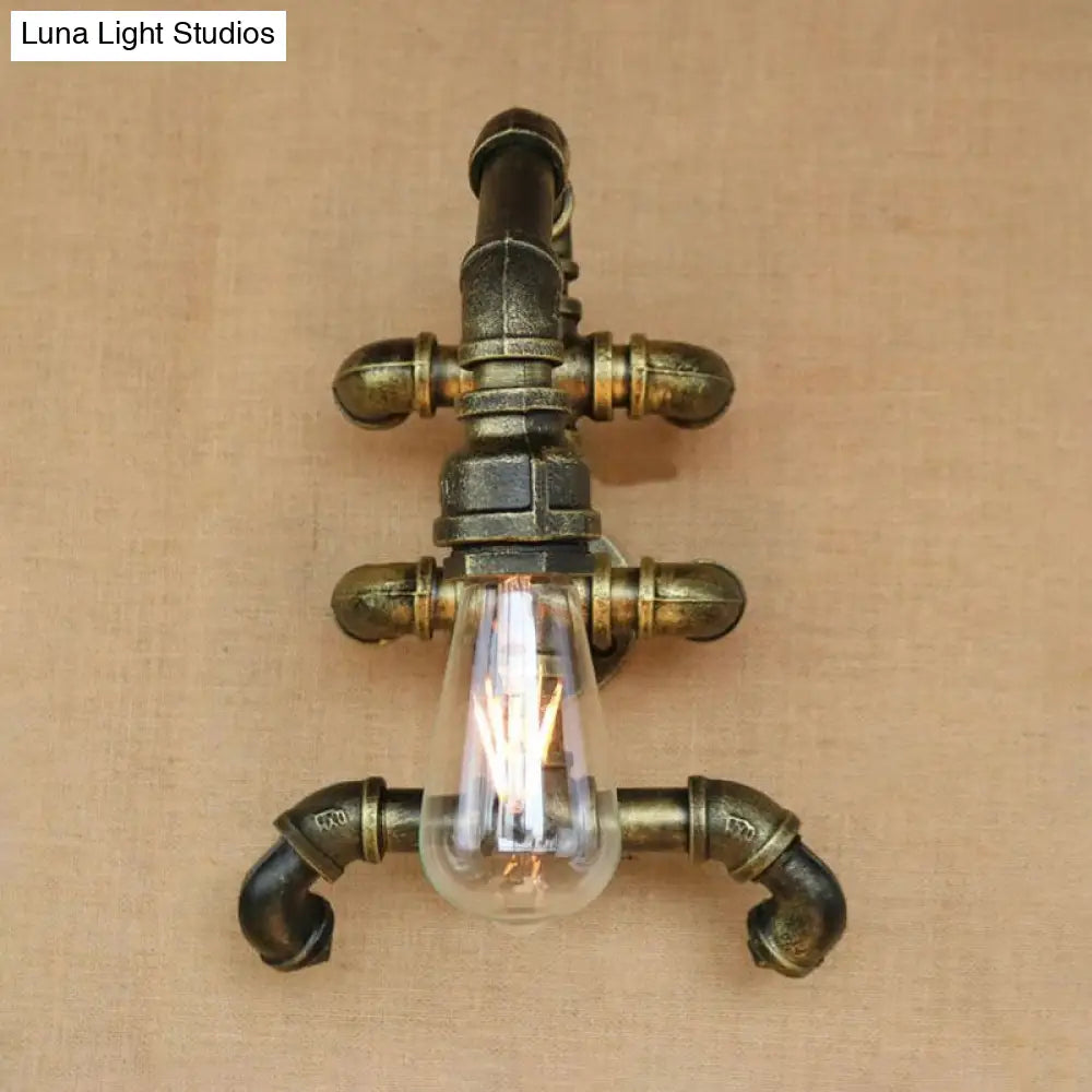 Steampunk Iron 1-Light Antique Brass Sconce With Curved Pipe Expose Bulb Bathroom Wall Lighting