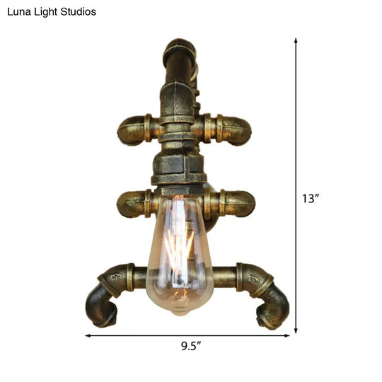 Steampunk Iron 1-Light Antique Brass Sconce With Curved Pipe Expose Bulb Bathroom Wall Lighting