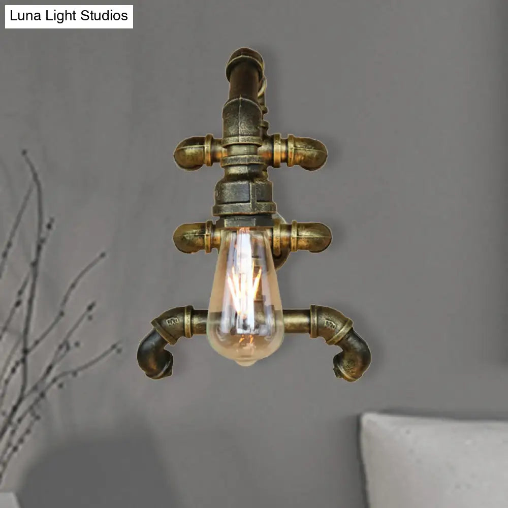 Steampunk Iron 1-Light Antique Brass Sconce With Curved Pipe Expose Bulb Bathroom Wall Lighting