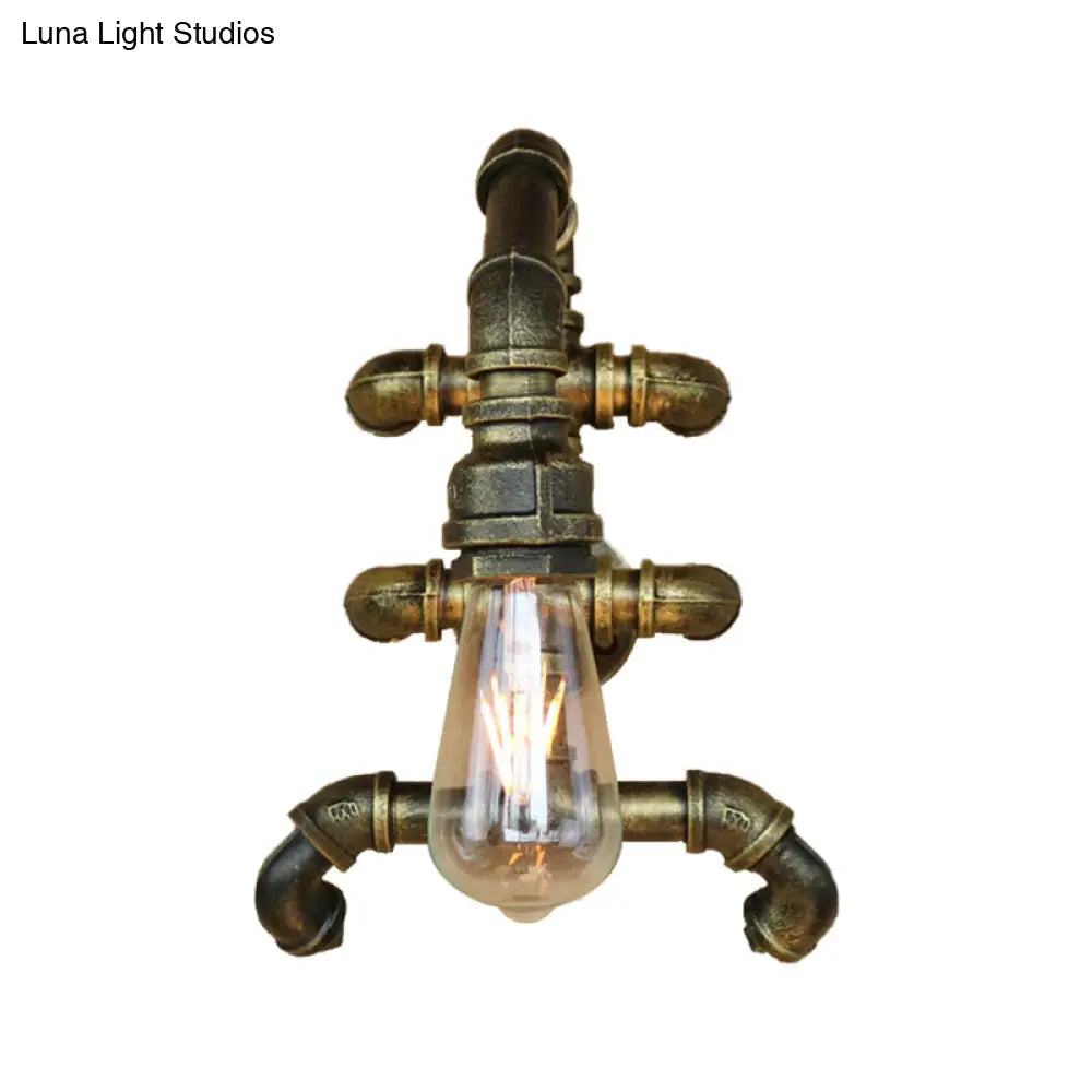 Steampunk Iron 1-Light Antique Brass Sconce With Curved Pipe Expose Bulb Bathroom Wall Lighting