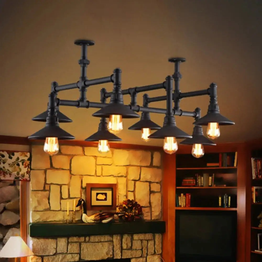 Steampunk Iron Chandelier With Saucer Shades In Black/Rust - 5/8/11 Bulbs For Living Room Piping