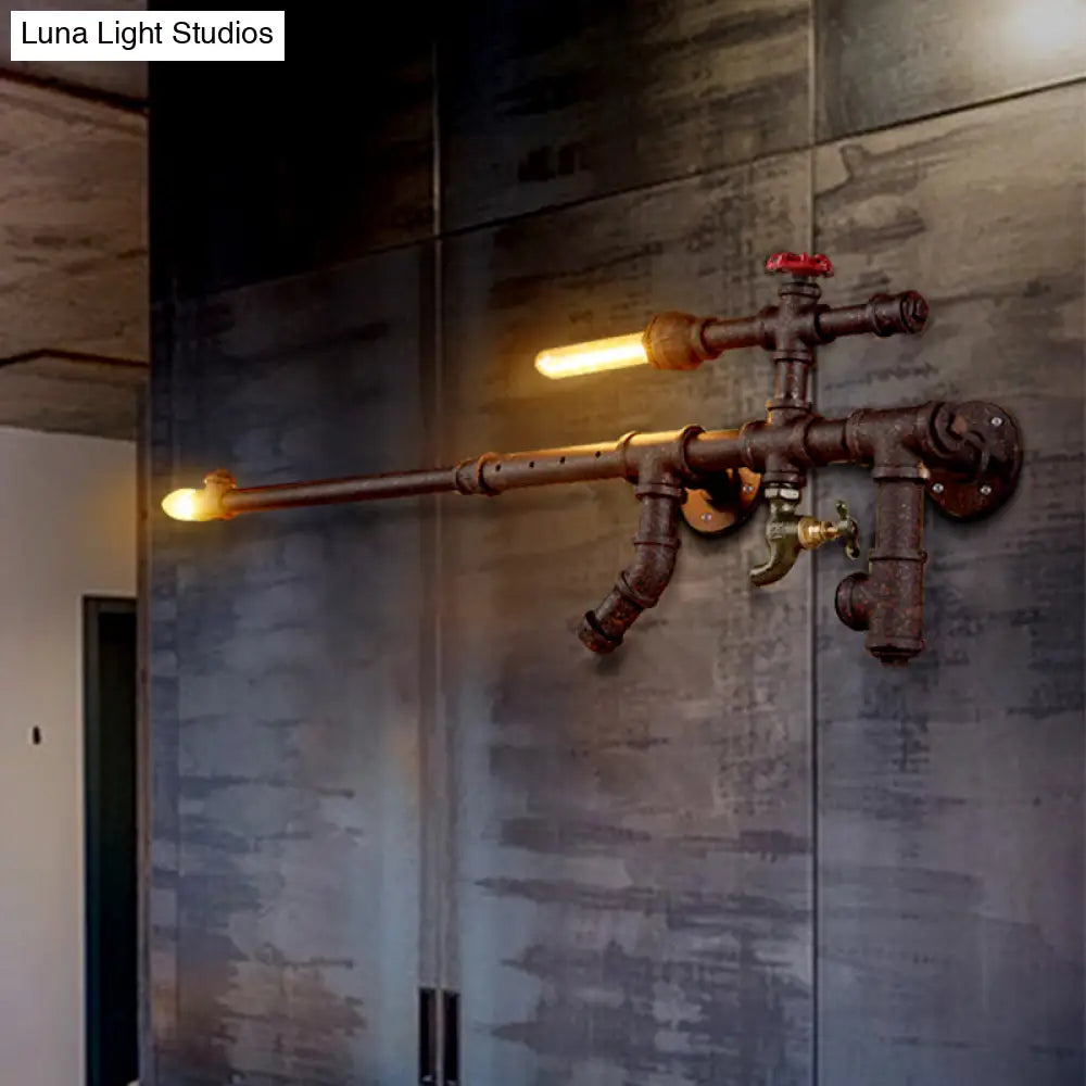 Steampunk Iron Gun Pipe Wall Sconce: Rust/Black 2-Head Bedroom Light Fixture