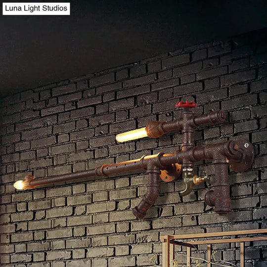 Steampunk Iron Gun Pipe Wall Sconce: Rust/Black 2-Head Bedroom Light Fixture