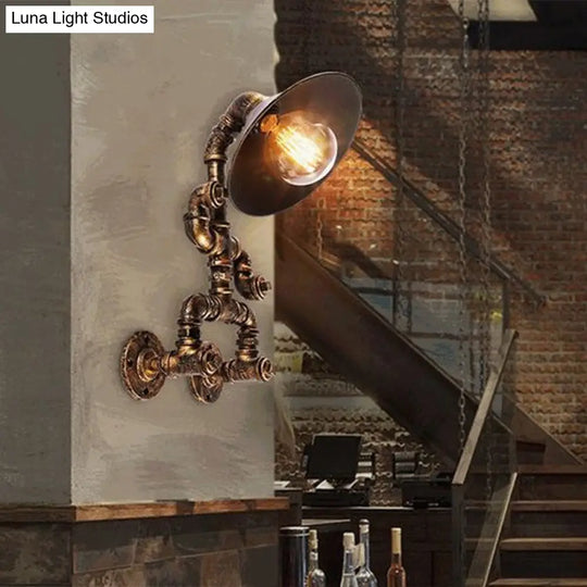 Steampunk Iron Pipe Man Wall Mount Light With Flared Bronze Shade - Bedroom Lamp (1 Head)