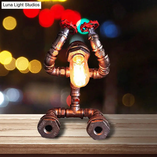 Steampunk Iron Robot Table Light With Water Valve - Unique Coffee Shop Lamp