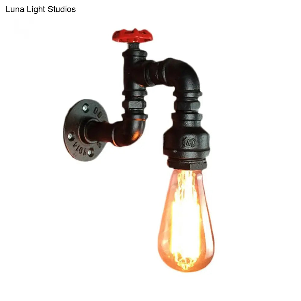 Steampunk Iron Wall Mount Lamp With Red Valve - Black Faucet 1-Light Kit For Living Room