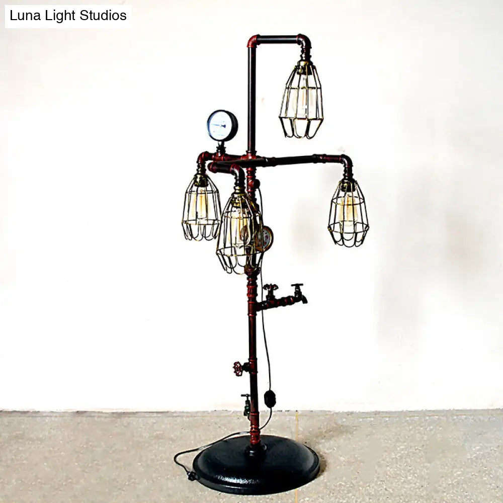 Steampunk Metal Cage Shade Floor Lamp With 4 Bulbs Rust Finish Plug In Cord Ideal For Living Room