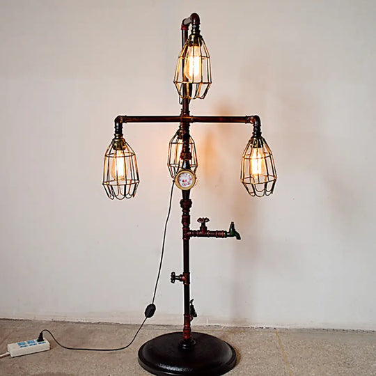 Steampunk Metal Cage Shade Floor Lamp With 4 Bulbs Rust Finish Plug In Cord Ideal For Living Room