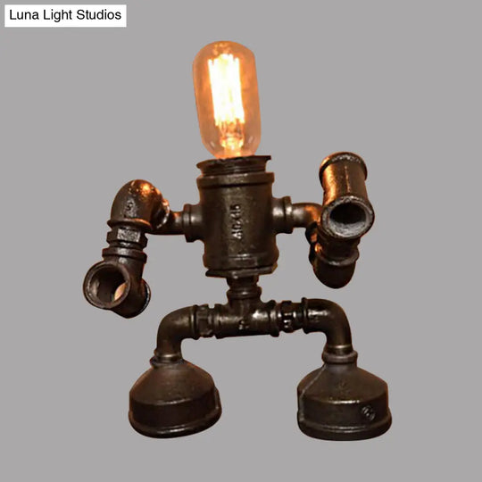 Steampunk Metal Robot Table Lamp With Exposed Bulb - Black 1-Light Restaurant Light