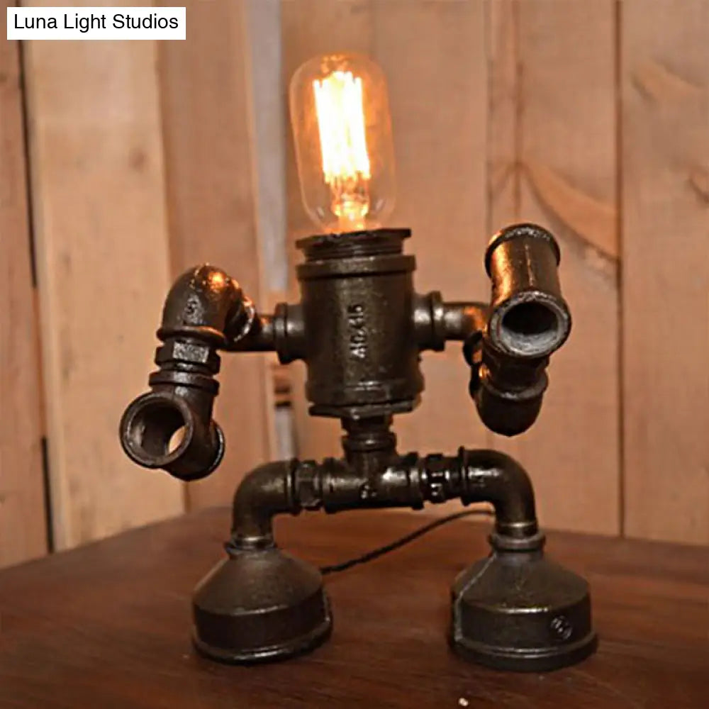 Steampunk Metal Robot Table Lamp With Exposed Bulb - Black 1-Light Restaurant Light