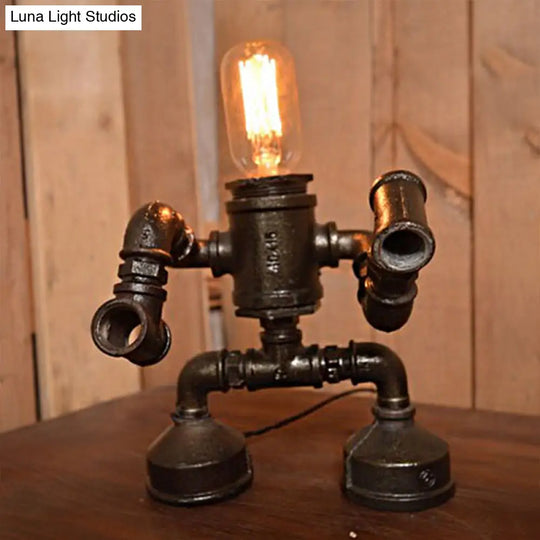 Steampunk Metal Robot Table Lamp With Exposed Bulb - Black 1-Light Restaurant Light