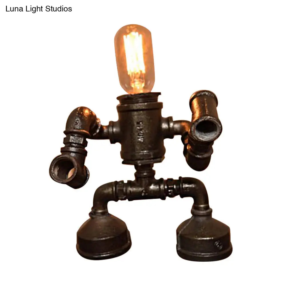 Steampunk Metal Robot Table Lamp With Exposed Bulb - Black 1-Light Restaurant Light