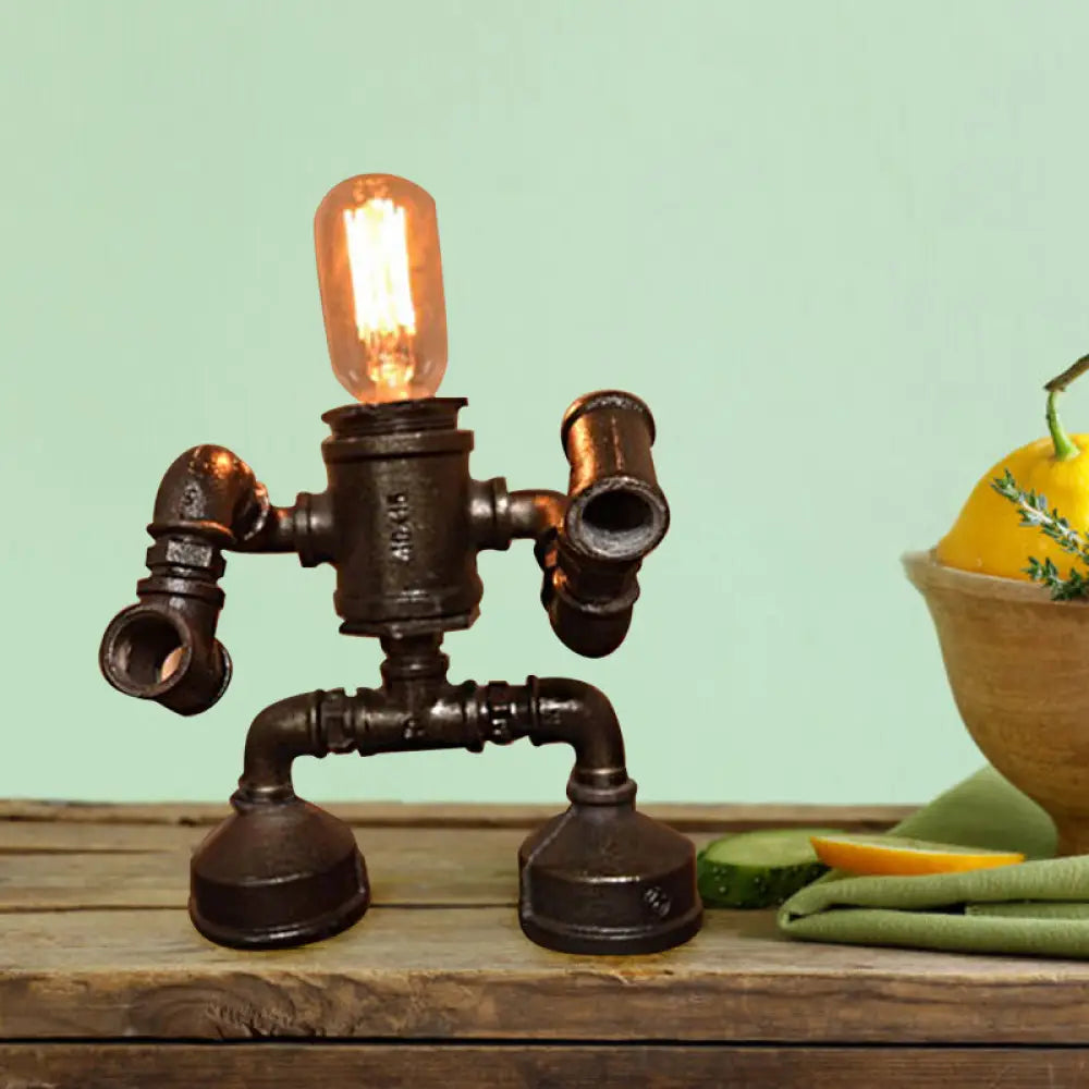 Steampunk Metal Robot Table Lamp With Exposed Bulb - Black 1-Light Restaurant Light